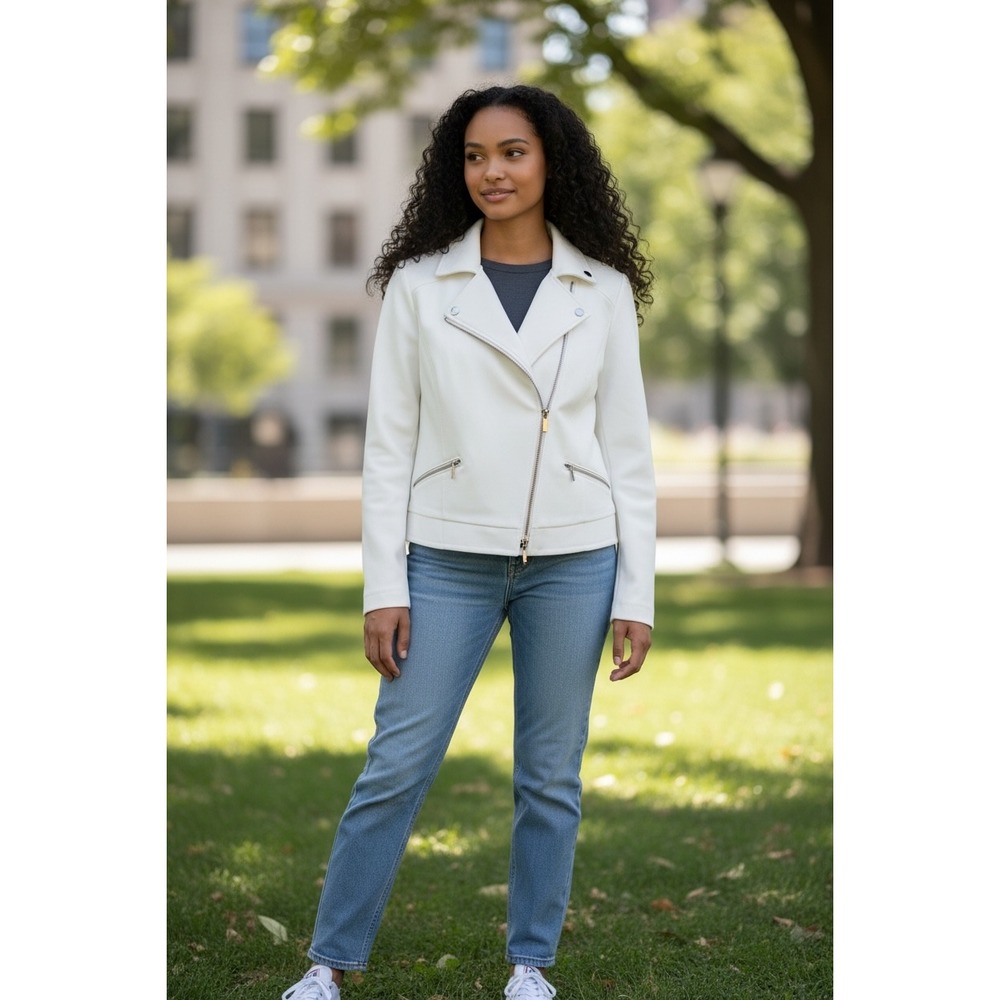 White‎ House Black Market White Moto Jacket Women Small Zip Pockets
